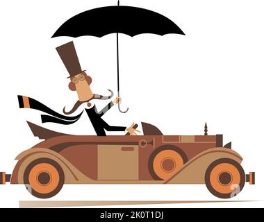 Cartoon man with umbrella drives a car illustration. Funny long mustache man in the top hat with umbrella drives cabriolet. Isolated on white Stock Vector