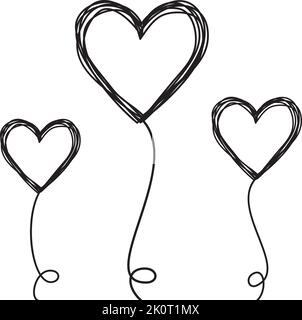Set of tangled scribbled hearts on a string line like an air balloon or a flower, hand drawn with thin line. Isolated on white background. Vector illu Stock Vector