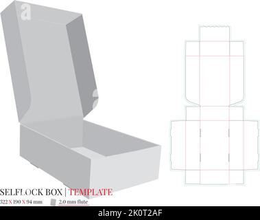 Open box template, vector with die cut, laser cut layers. Self lock delivery box. White, blank, clear, isolated box mock up on white background Stock Vector