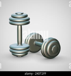 Two 3D realistic metallic dumbbells on light background. Stock Vector