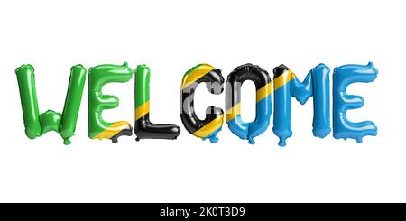 3d illustration of welcome-letter balloons in Tanzania flag isolated on white background Stock Photo