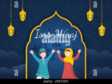 Happy Isra Miraj Nabi Muhammad SAW Template Hand Drawn Cartoon Flat Illustration Suitable for Greeting Card, Poster and Banner Stock Vector