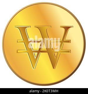 Golden coin South Korean won KRW front view isolated on white. Currency of the Republic of Korea. Vector design element. Stock Vector