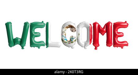 3d illustration of welcome-letter balloons in Mexico flag isolated on white background Stock Photo