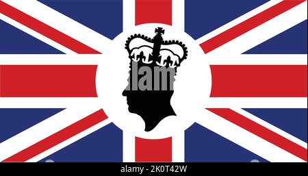 London, UK - September 2022: Side profile silhouette of King Charles III against a Union Jack background Stock Vector