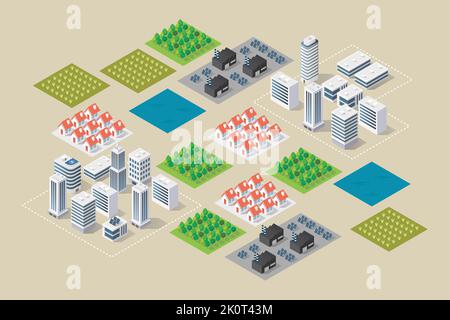Isometric building cityscape zoning. Flat style vector illustration Stock Vector