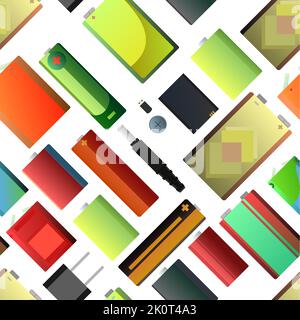 Varieties Battery Energy source. Seamless pattern. Electricity accumulator. Galvanic cell. electrolytic dissociation. Isolated on white background Stock Vector