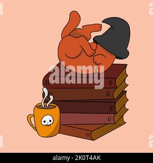 cat in a witch hat playing on a stack of books illustration Stock Vector