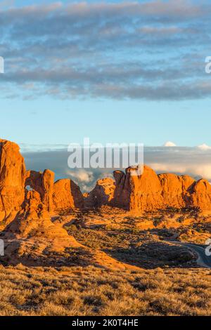 The Parade of Elephants and the back side of Double Arch in Arches National Park, Moab, Utah. Stock Photo