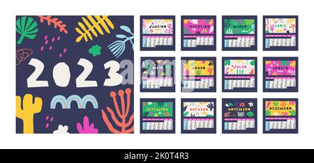 Brazilian or Portuguese calendar for 2023. Week starts on Sunday, 12 months. Cute multicolor vector calendar with flora drawings. Stock Vector