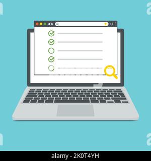 Laptop in trendy flat style with browser window. Checklist check mark checkbox elements. Website screen template. Laptop computer. Business website te Stock Vector