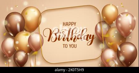 Birthday greeting vector template design. Happy birthday text with elegant gold balloons, frame and confetti elements for golden birth day celebration. Stock Vector