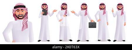 Saudi arab man vector character set design. Arabian male business characters in happy and smiling facial expression for middle eastern people graphic. Stock Vector