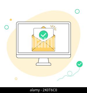 Check mark document in mail envelope. Approved email message on computer screen. Vector flat line illustration Stock Vector