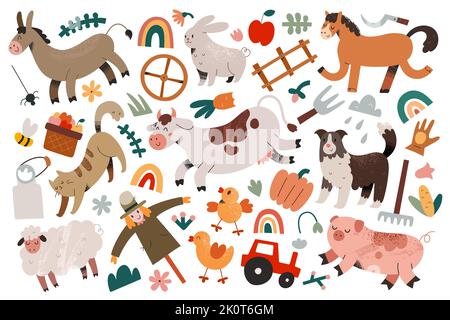 Farmhouse animals collection, farm animals, smiling horse, cute sheep, funny piggy and dancing cow, adorable cartoon characters, hand drawn vector Stock Vector