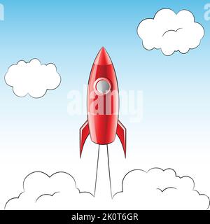 Illustration of a Launching Red Rocket Over a Cloudy Sky Stock Vector