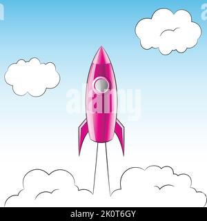Illustration of a Launching Pink Rocket Over a Cloudy Sky Stock Vector