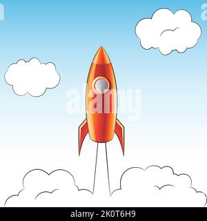 Illustration of a Launching Orange Rocket Over a Cloudy Sky Stock Vector