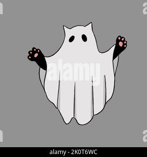 Halloween cute cat in ghost costume illustration Stock Vector