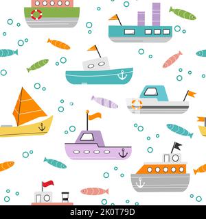 Vector seamless pattern Illustration with travel boats, yacht, ships, fish. Childish background for fabric, textile. Sea, ocean, marine backdrop. Crui Stock Vector