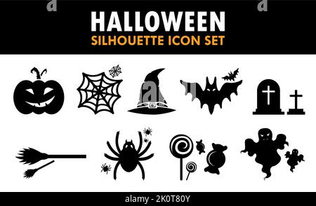 Halloween Silhouette Icon Set Pumpkin Web Hat Grave Holiday Illustration Stock Vector