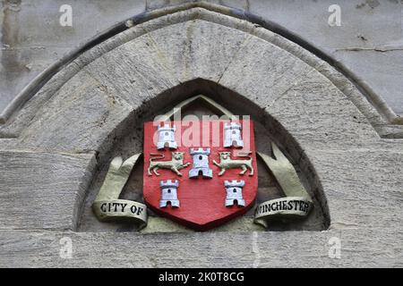 Winchester coat of arms on the Guildhall, Winchester City, Hampshire County; England; Britain, UK Stock Photo