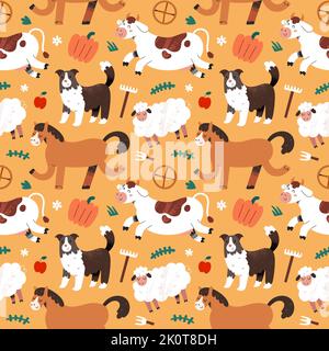 Farm animals seamless pattern, farmhouse mammals, cute horse, adorable sheepdog, domestic cat illustrations, good for wrapping paper Stock Vector