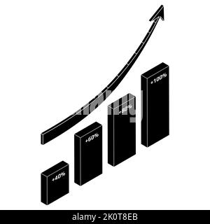 Chart and upward arrow isometric silhouette isolated on white ...
