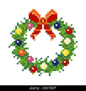 Christmas Wreath Icon in Pixel Art Style Stock Vector