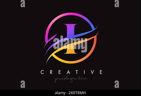 I Letter Icon Logo Design with Circle Steel Swoosh Border and Metal Texture. Creative I Design Vector Illustration. Stock Vector