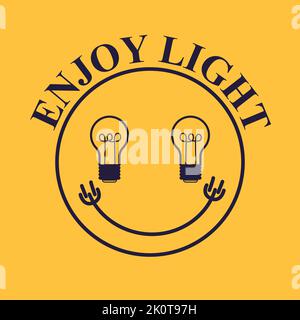 Sticker with cute smiling, bulb eyes and slogan, enjoy light. Stock Vector