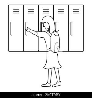 A schoolgirl opens a locker for personal belongings. Sketch. The girl with the satchel walked up to the school cupboards. Vector illustration. School Stock Vector