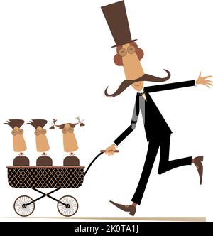 Cartoon man with children in the baby carriage.  Cheerful man in the top hat rolling a baby carriage with three children in. Isolated on white Stock Vector