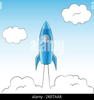 Illustration of a Launching Blue Rocket Over a Cloudy Sky Stock Vector