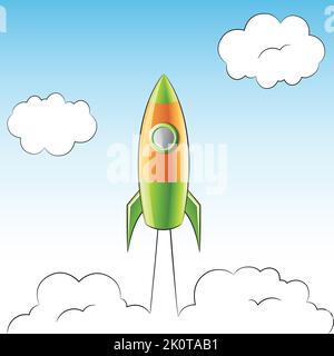 Illustration of a Launching Green and Yellow Rocket Over a Cloudy Sky Stock Vector