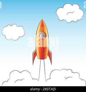 Illustration of a Launching Orange and Yellow Rocket Over a Cloudy Sky Stock Vector