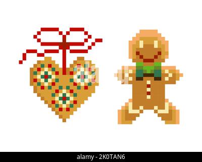Xmas Ginger Bread Man and Heart in Pixel Art Stock Vector