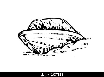 Boat rides on waves. Front view. Small ship sails on sea, lake or river. Plastic composite boat with motor. Hand drawn outline sketch. Isolated on Stock Vector