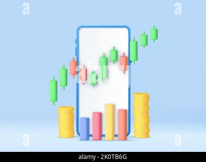 3D stock online trading with smartphone and money coin Stock Vector