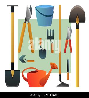 Agricultural rural garden tool. Watering can and bucket for watering. Shovels rakes and hoes. Logo and symbol logotype. Isolated on white background Stock Vector