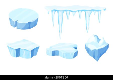 Set Ice floe, frozen water piece, iceberg in cartoon style isolated on white background. Polar landscape element, ui game asset. Winter decoration. Vector illustration Stock Vector