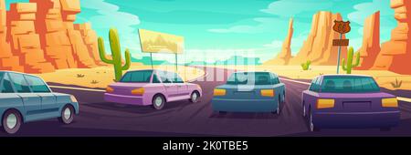 Desert landscape with cars drive on highway. Vector cartoon illustration of road traffic, desert scene with mountains, sand, cactuses and vehicles on crossroad Stock Vector