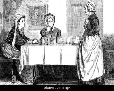 Illustration depicting a mother and daughter in country lodgings, with their landlady. Dated 19th Century Stock Photo