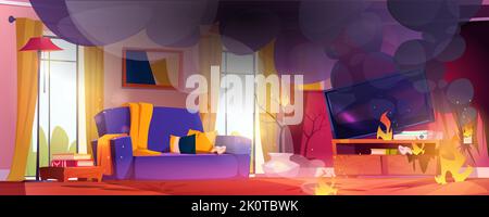 House room in fire. Flame and black smoke clouds inside of home interior, burning living room with blazing tv set and thick smog covering furniture, dangerous accident, Cartoon vector illustration Stock Vector