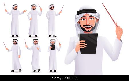Arabian professor vector character set. Arab male teacher characters collection holding pointer and tablet isolated in white background for profession. Stock Vector