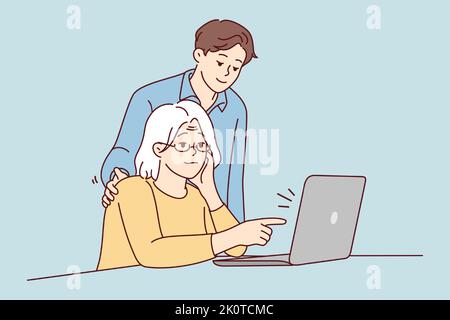 Young guy help old grandmother with laptop work. Mature grandma sit at desk working on computer with grandchild assist. Vector illustration.  Stock Vector
