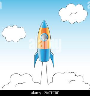 Illustration of a Launching Blue and Yellow Rocket Over a Cloudy Sky Stock Vector