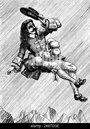 Cyrano de Bergerac, flying by means of bottles of dew evaporated by sunlight, thus lifting him. From Oeuvres de Cyrano de Bergerac, Paris 1850. Savinien de Cyrano de Bergerac (1619 – 1655) was a French novelist, playwright, epistolarian and duellist. A bold and innovative author, his work was part of the libertine literature of the first half of the seventeenth century. Stock Photo