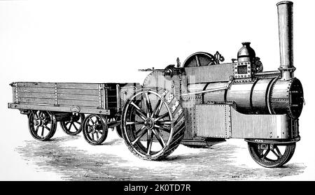Traction engine developed and made by John Fowler & Co. of Leeds. It had two gear speeds, and drove a differential gear to connect with the rear wheels. Superseded by four-wheel versions. 1871 Stock Photo
