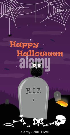halloween Vector banner with owl on grave Stock Vector